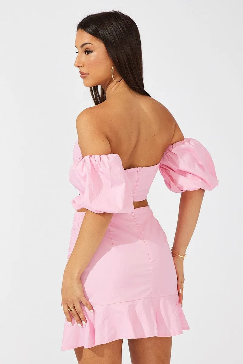 Pink Mini Skirt Ruched Detail Ruffle Hem Neat Finish