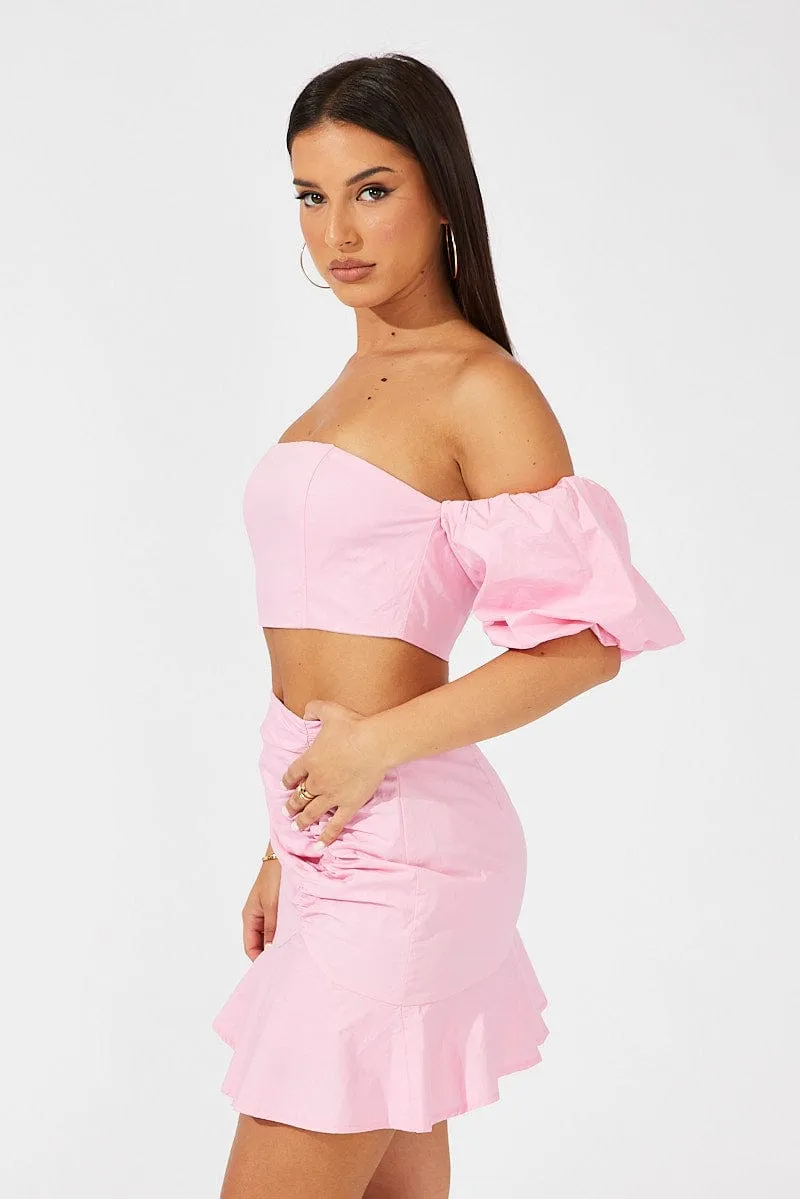 Pink Mini Skirt Ruched Detail Ruffle Hem Quick Wear Mix Texture