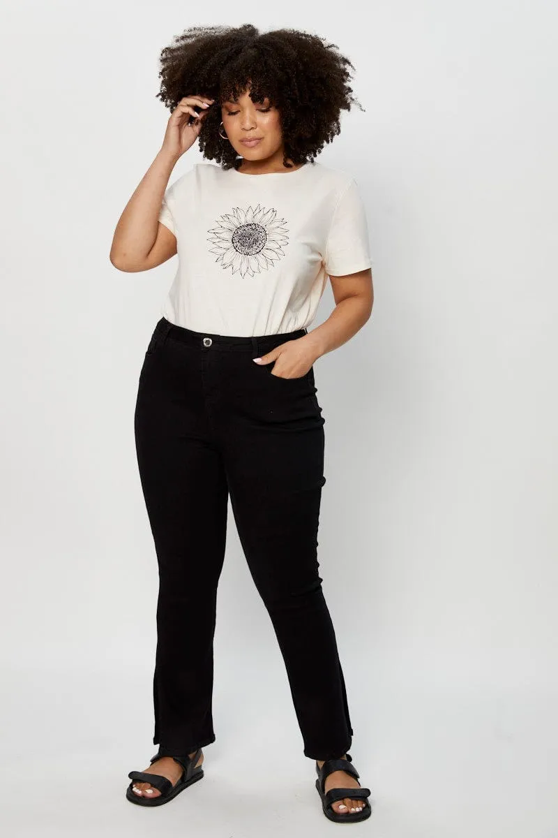 Beige Graphic T-shirt Sunflower Crew Neck Short Sleeve Travel Essential