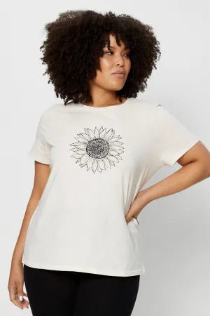 Beige Graphic T-shirt Sunflower Crew Neck Short Sleeve Holiday Style Trend Stylish Layering