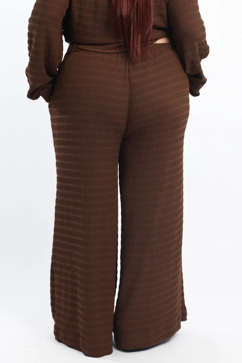 Comfy Essentials Wear Brown Textured Drawstring Waist Wide Leg Pants
