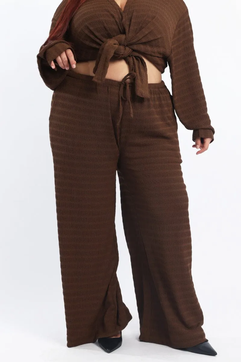 ReinforcedPockets Brown Textured Drawstring Waist Wide Leg Pants