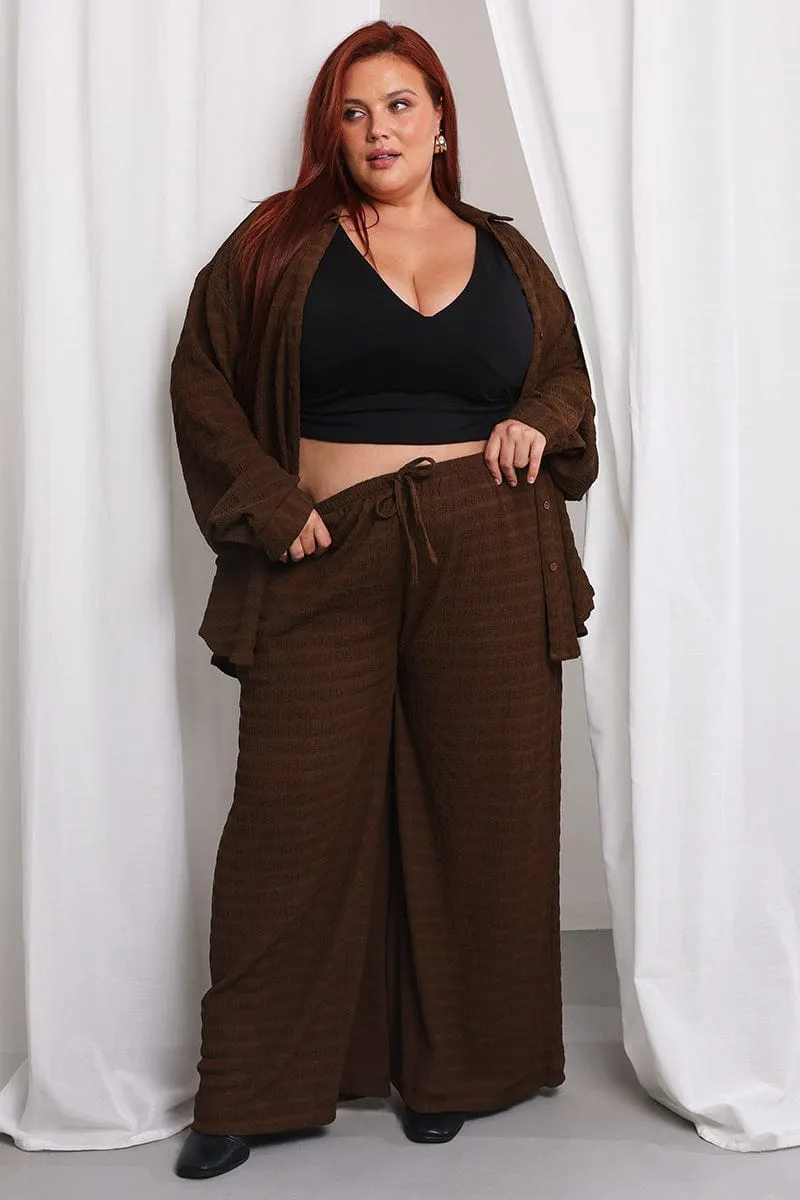 Brown Textured Drawstring Waist Wide Leg Pants Bold Waistband Functional Comfort