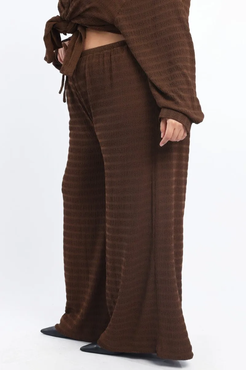 Brown Textured Drawstring Waist Wide Leg Pants Stretch Fabric