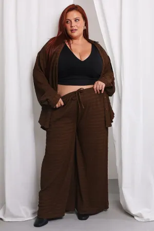 Brown Textured Drawstring Waist Wide Leg Pants Bold Waistband Functional Comfort