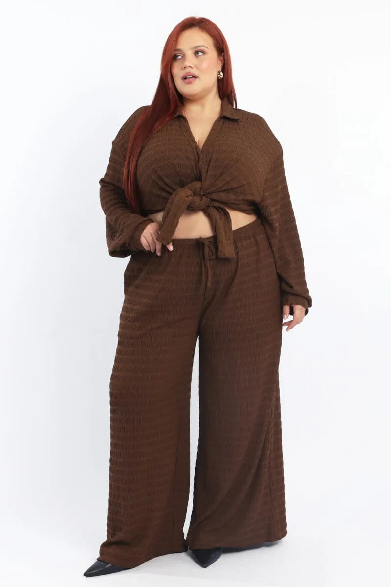 Brown Textured Drawstring Waist Wide Leg Pants SlimFit