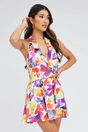 Multi Floral Ruffle Dress Halter Neck Watercolour Print CompressionFreeCuffs NoSlipWaistband