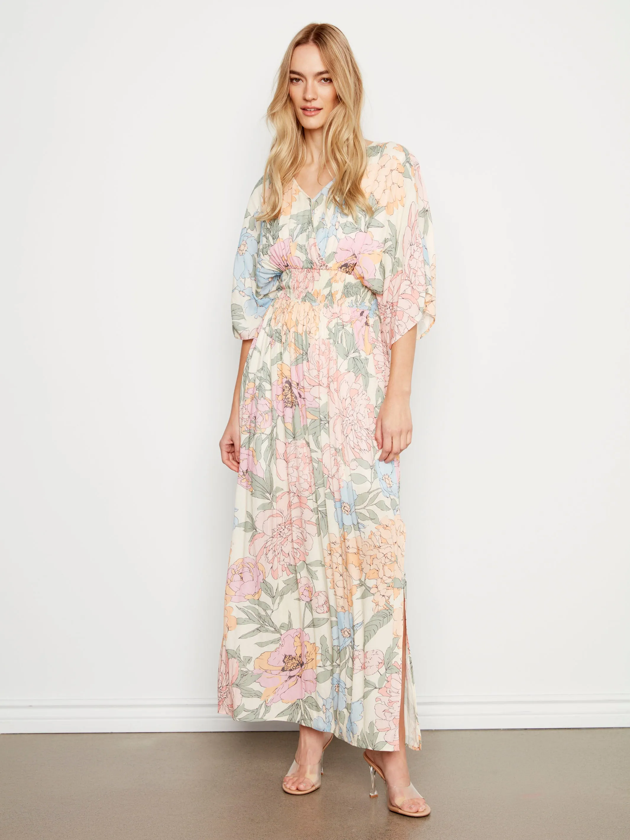 Windproof Outer Layer Printed Dolman Sleeve Maxi Dress with Side Slits - Dahlia