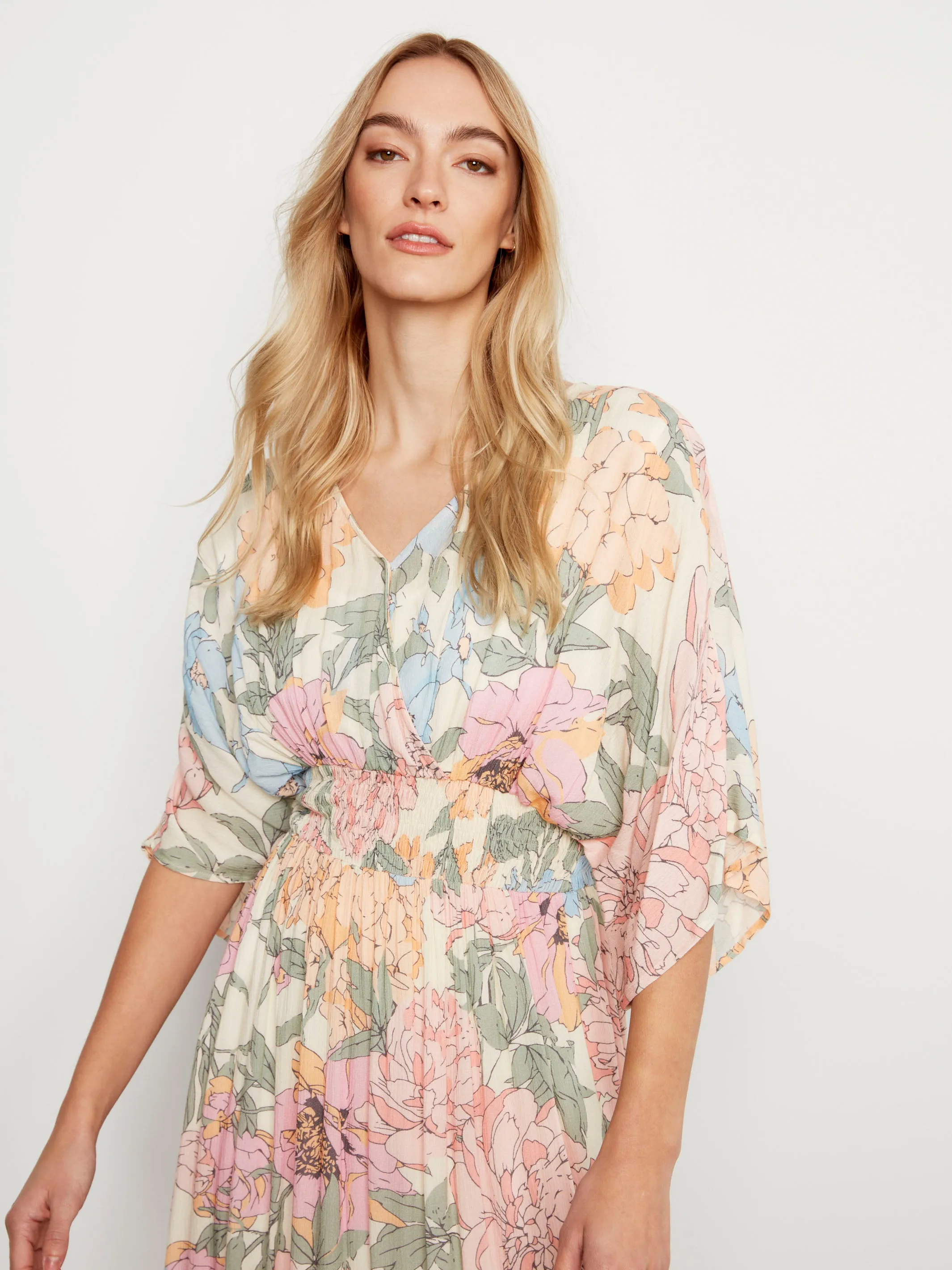 Printed Dolman Sleeve Maxi Dress with Side Slits - Dahlia AntiPilling Technology TaglessLabel