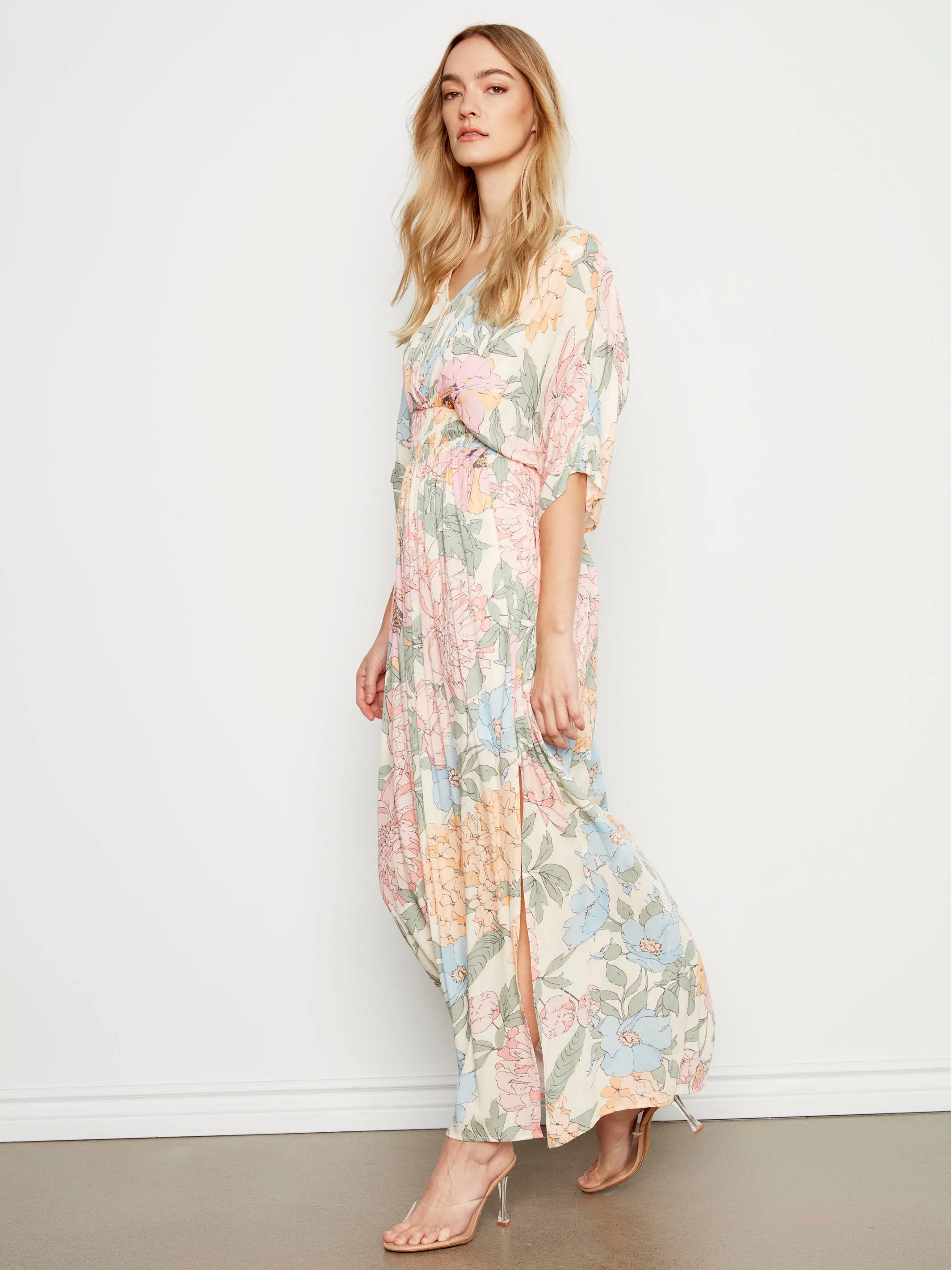 Tagless Labeling Printed Dolman Sleeve Maxi Dress with Side Slits - Dahlia