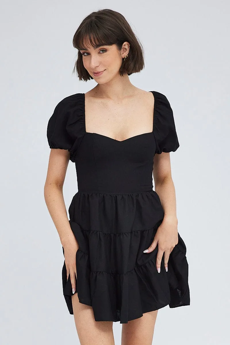 Black Fit And Flare Dress Puff Sleeve Mini Design Edge Zero Waste