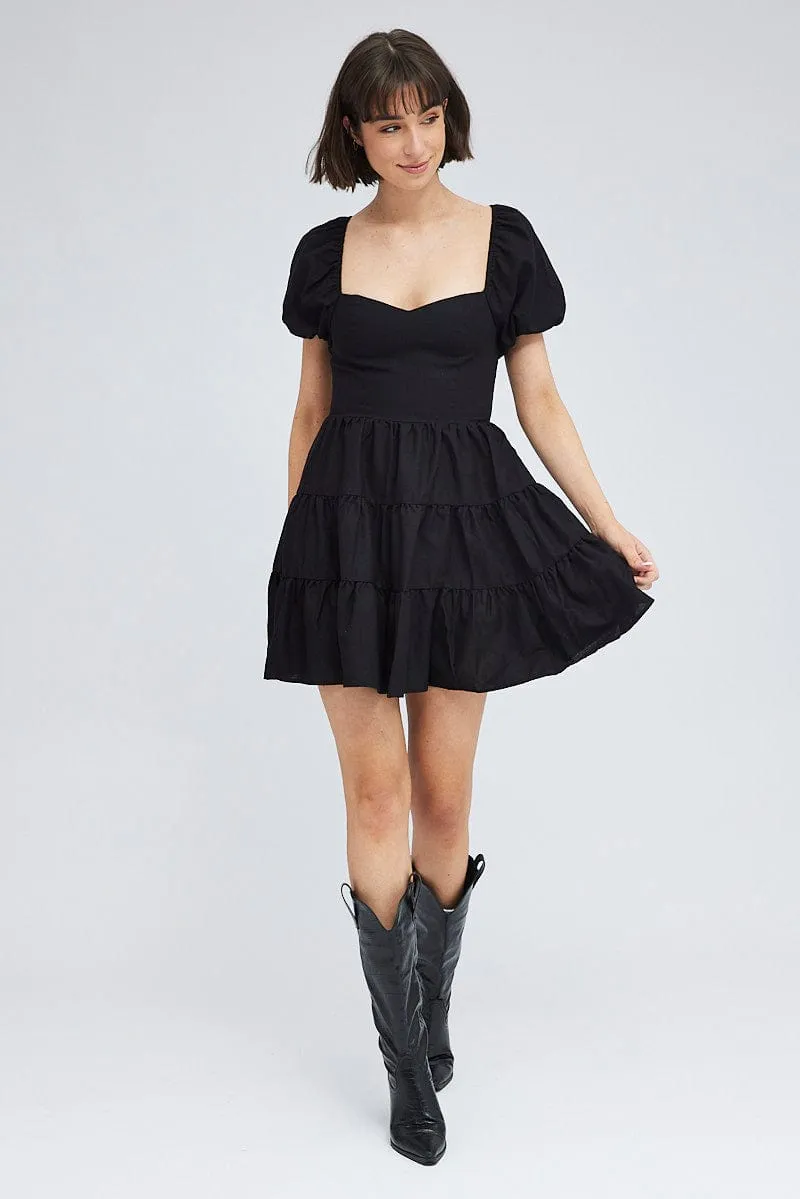 Comfortable Sweater Jewel tone Black Fit And Flare Dress Puff Sleeve Mini