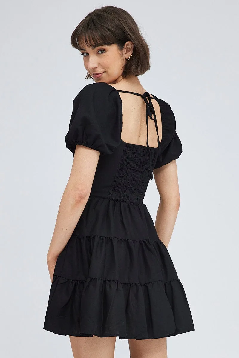 Relaxation Wear Breathable Stretch Fabric Black Fit And Flare Dress Puff Sleeve Mini