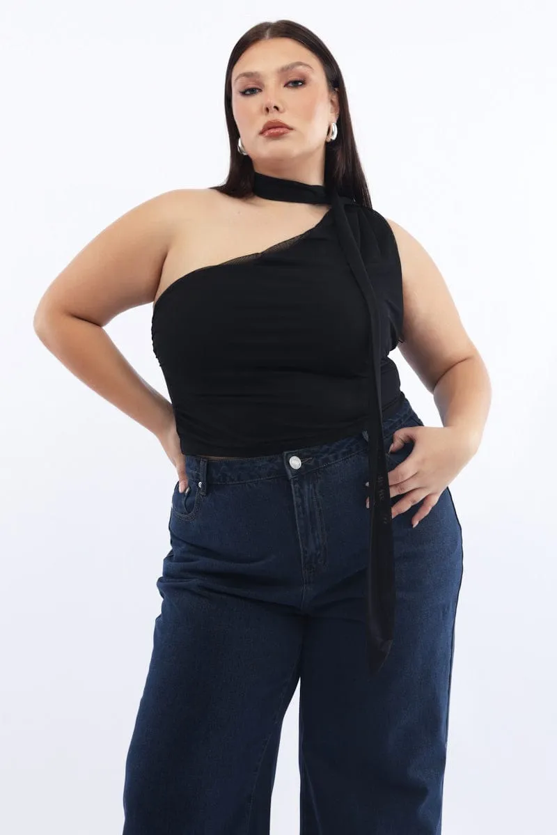 Black Mesh Top One Shoulder Scarf Detail Daily Style ButterSoftKnit