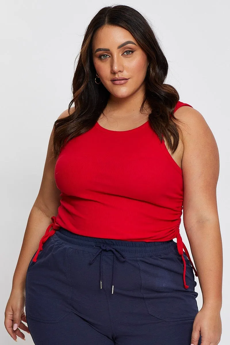 Red Tank Top Round Neck Sleeveless Jersey Drawstring Adjustable Drawcord LayeredConstruction