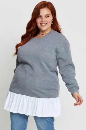 Velvet Grey Plus Woven Layered Longline Sweatshirts