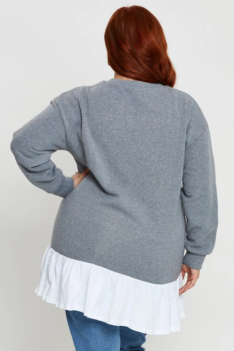Grey Plus Woven Layered Longline Sweatshirts Comfy Layer