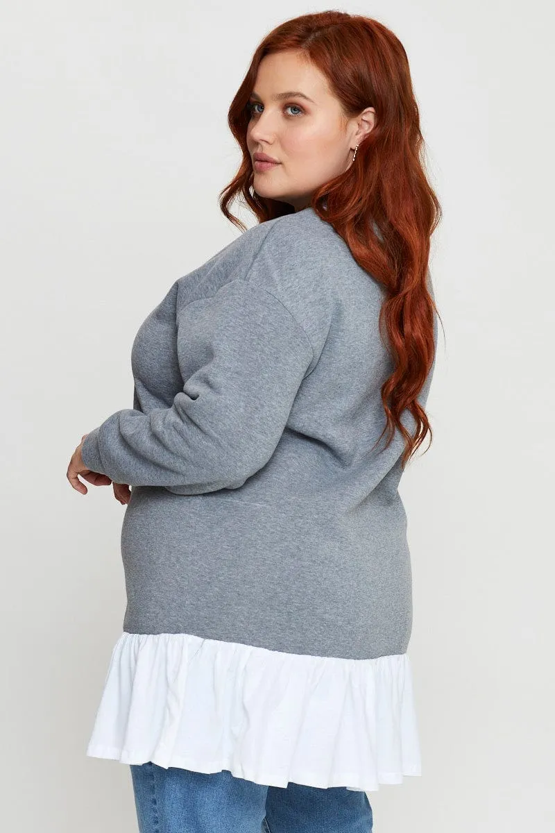 Simple Style Grey Plus Woven Layered Longline Sweatshirts