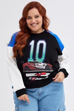 Multi Graphic Sweatshirt Moto Oversized Fleece Versatile Wear Classic Style
