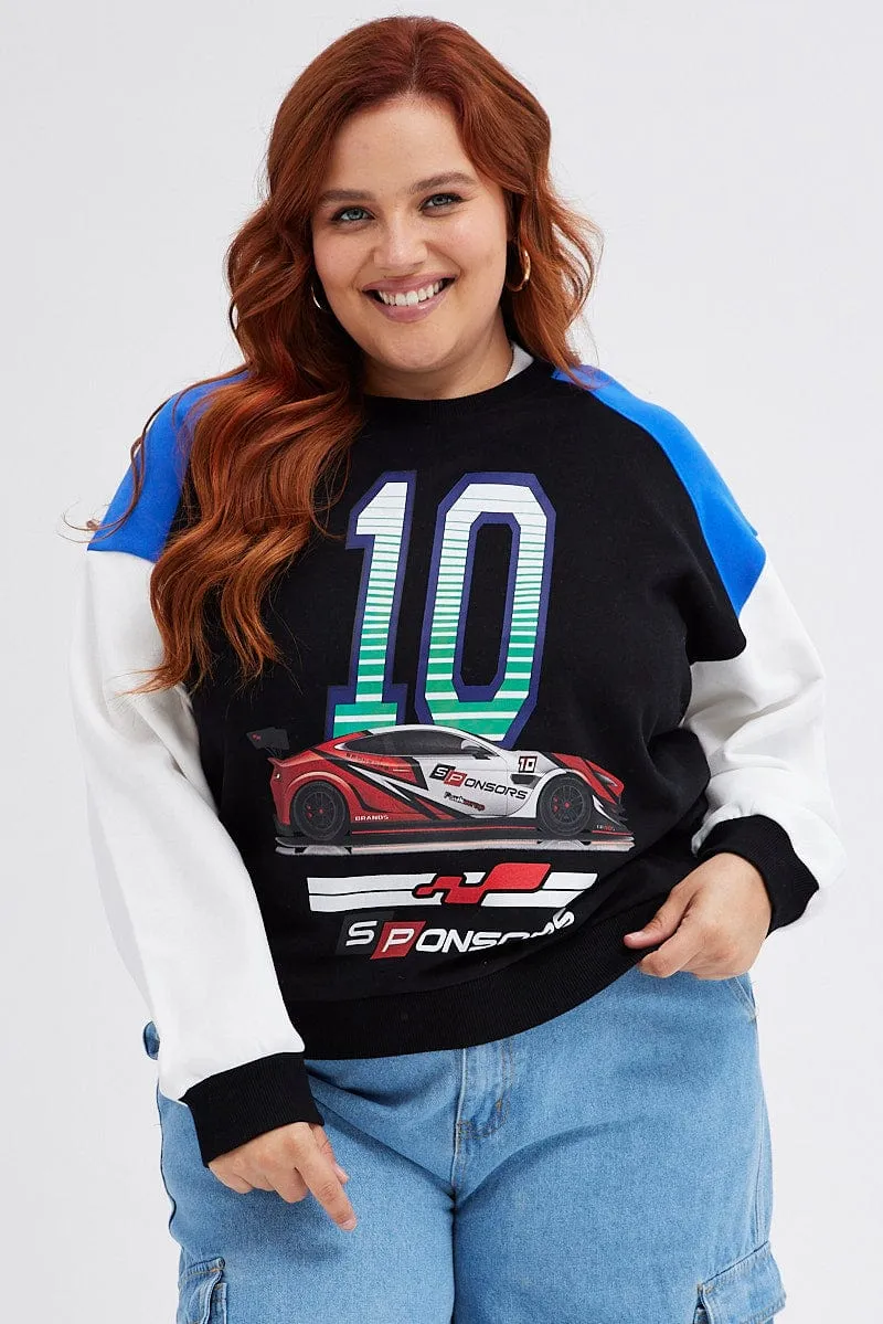 Multi Graphic Sweatshirt Moto Oversized Fleece Versatile Wear Classic Style