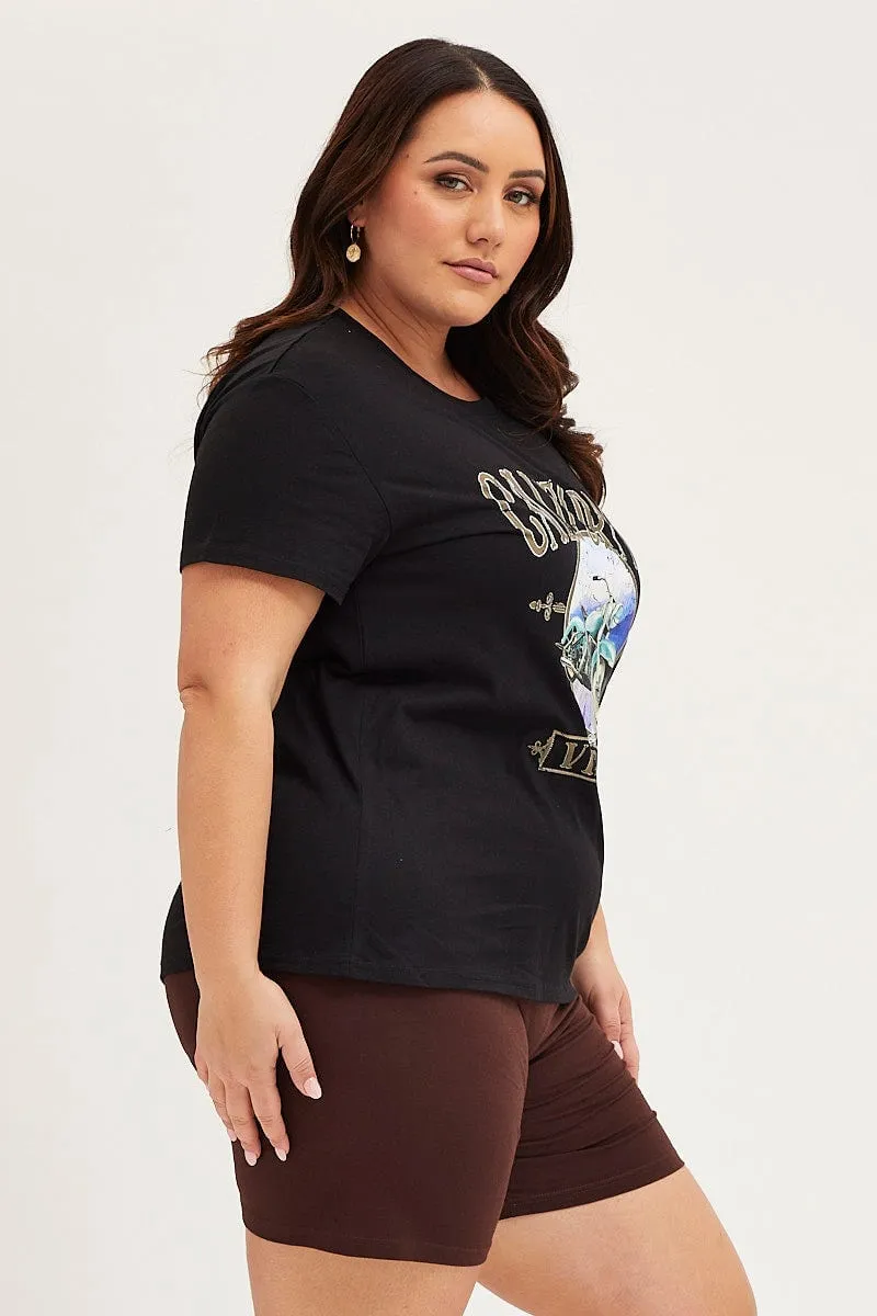 Black Graphic T-shirt Sun Crew Neck Short Sleeve Cotton Fit For All Day Casual Style Wear