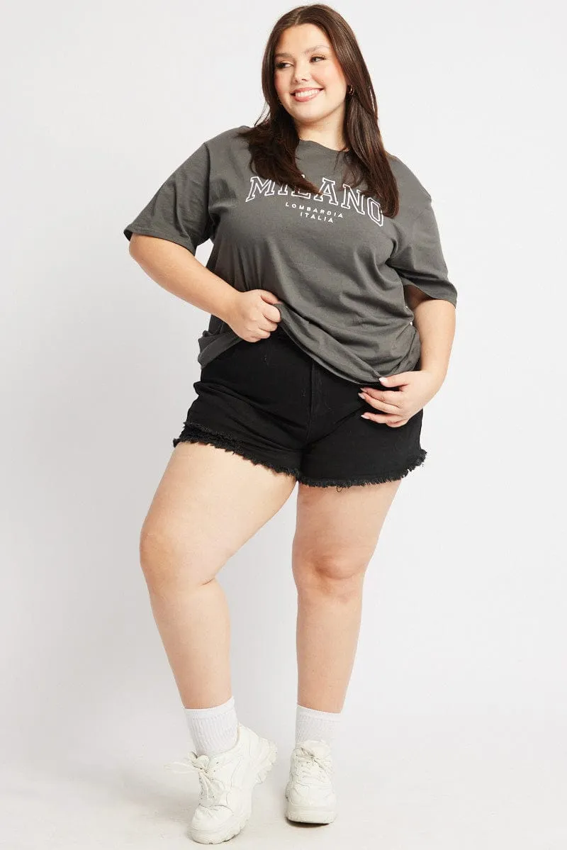 Grey Graphic T-shirt Short Sleeve Crew Neck Flexible Cuff Design