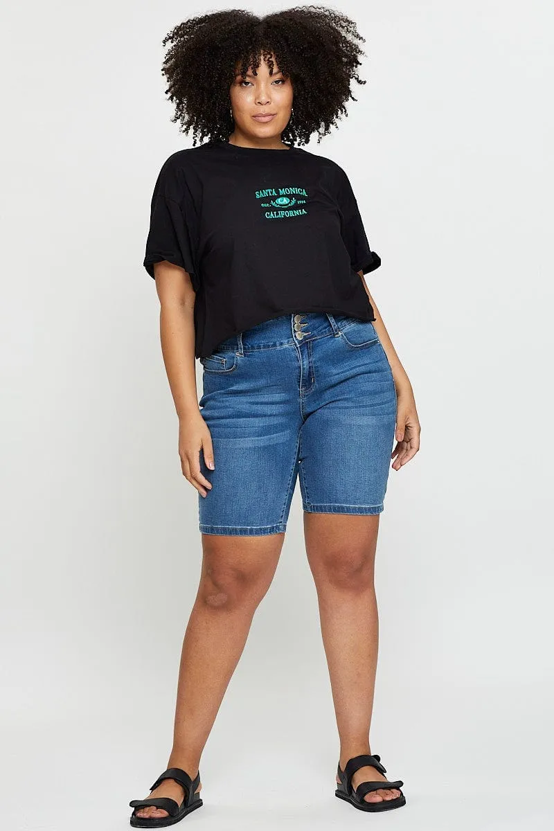 Black Crop T-shirt Santa Monica Short Sleeve Cotton Semi Classic Color Natural Fiber Blend