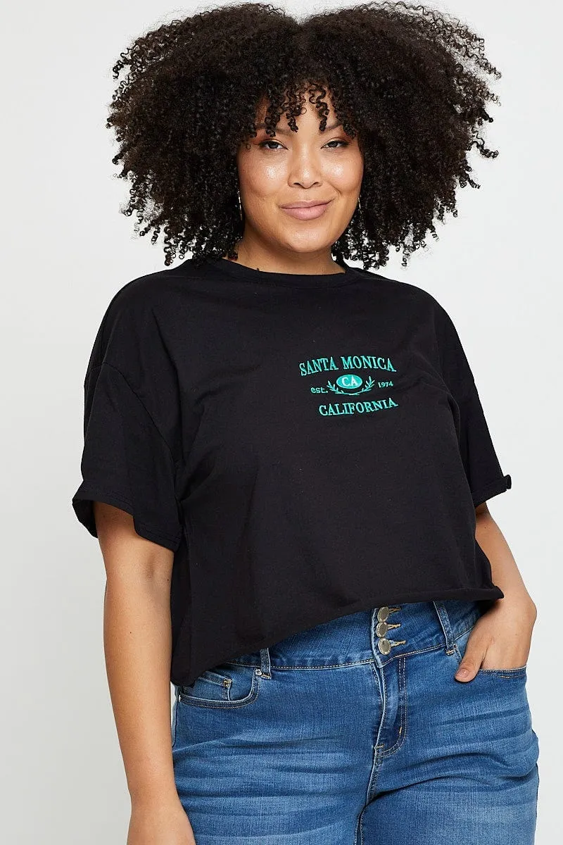 Black Crop T-shirt Santa Monica Short Sleeve Cotton Semi Elegant Detail Everyday Top