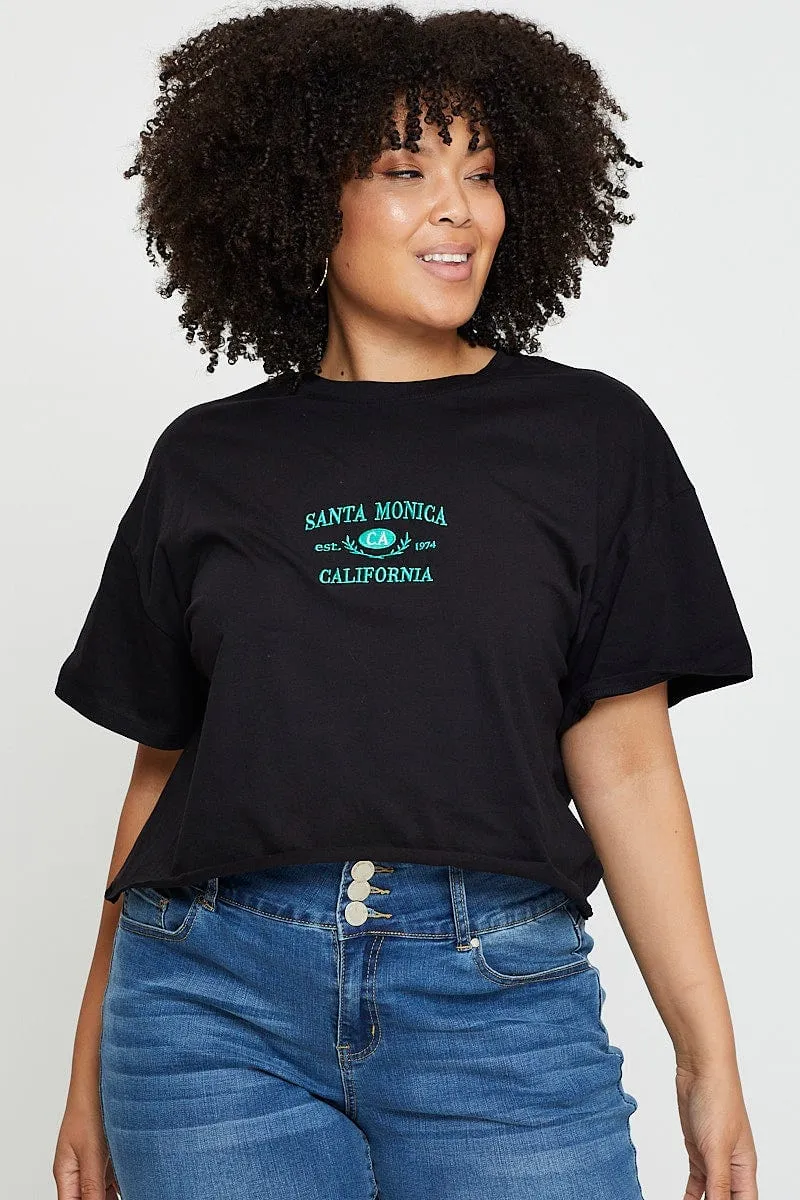 Garment Washed Texture Black Crop T-shirt Santa Monica Short Sleeve Cotton Semi
