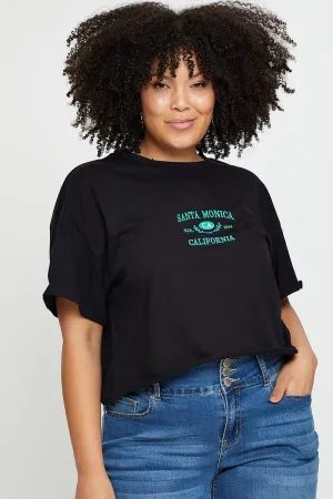Black Crop T-shirt Santa Monica Short Sleeve Cotton Semi Elegant Detail Everyday Top