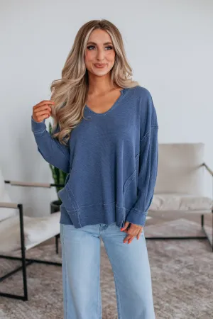 Stylish Knit Look Kathrin Waffle Knit Top - Steel Blue