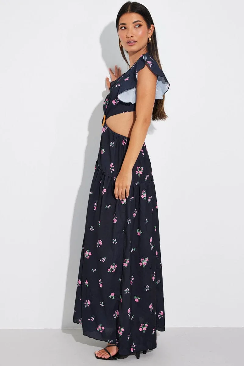 Playful floral print gown Black Floral Maxi Dress Flutter Ruffle Shoulder Buckle Dress