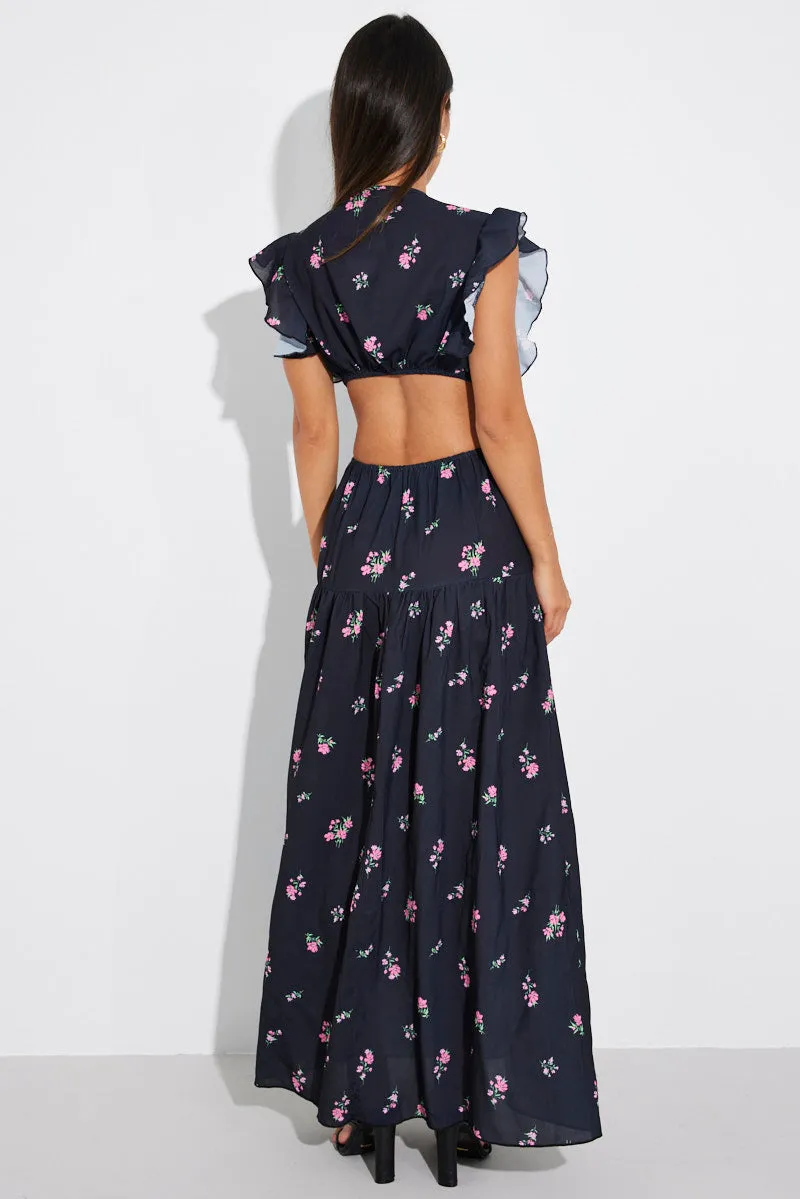 Ethereal Air With its comfortable fit this dress is perfect for all-day wear while maintaining an elegant appearance Black Floral Maxi Dress Flutter Ruffle Shoulder Buckle Dress