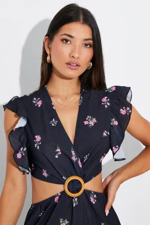 Black Floral Maxi Dress Flutter Ruffle Shoulder Buckle Dress Poplin Glow Sheer Layer