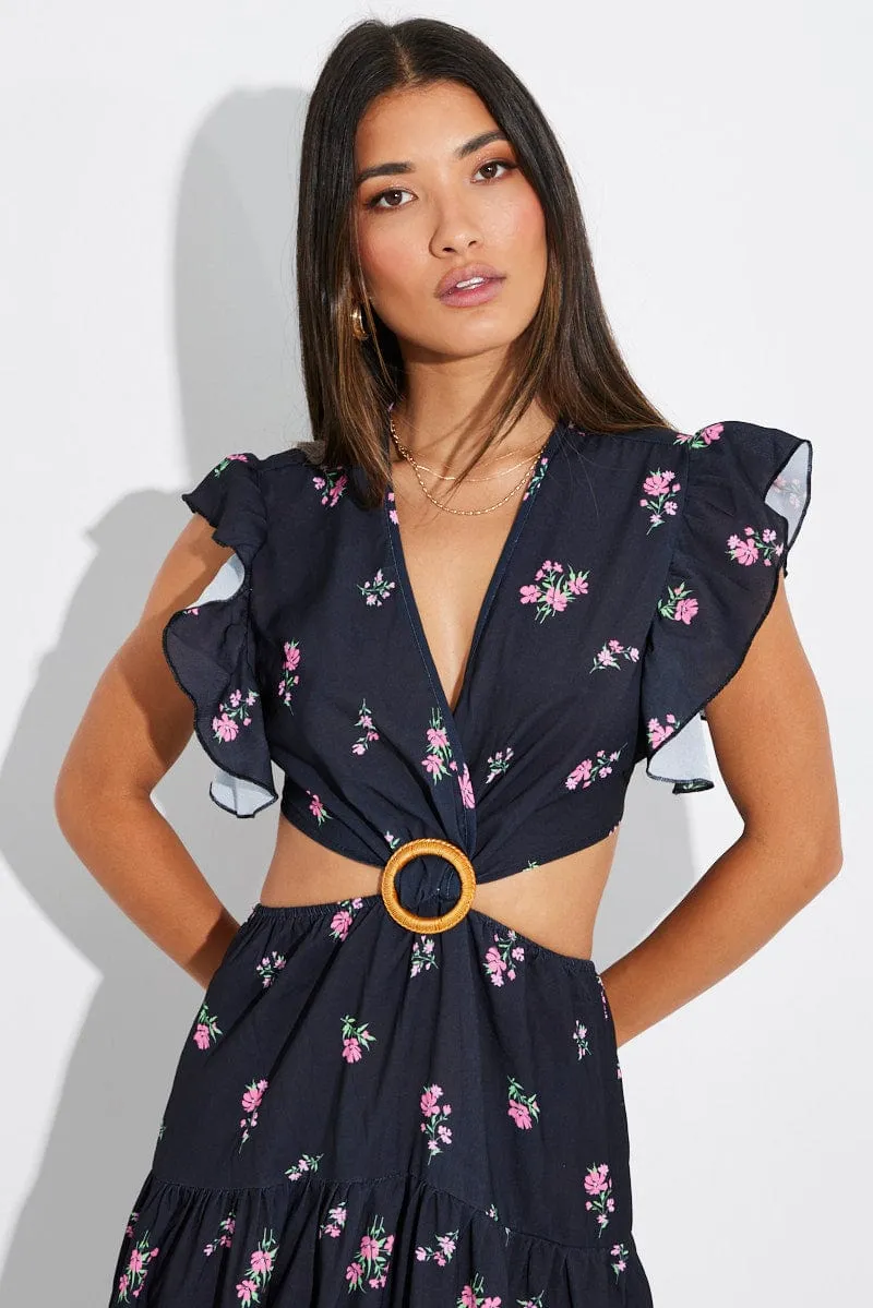 Black Floral Maxi Dress Flutter Ruffle Shoulder Buckle Dress Urban View