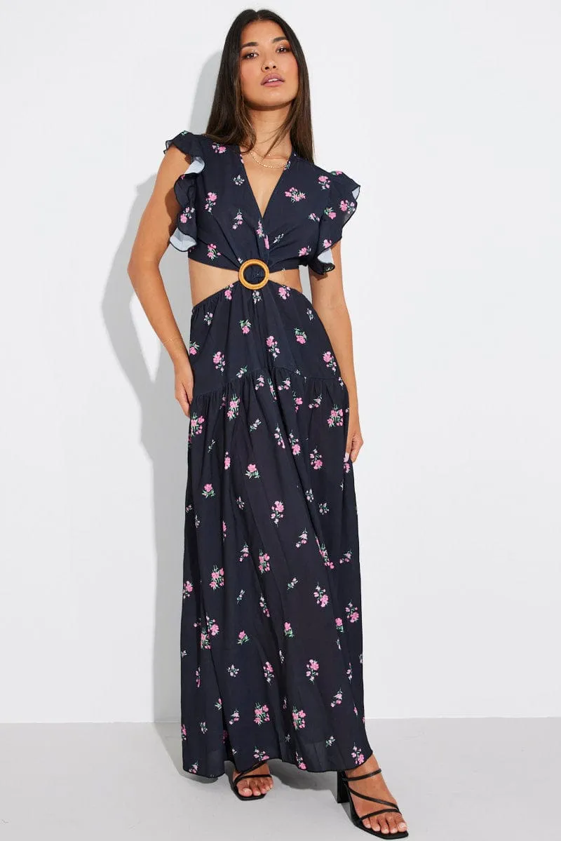 The flattering shape of this dress creates a beautiful silhouette that is perfect for all body types The flowing design of this dress provides plenty of movement while keeping you looking polished Black Floral Maxi Dress Flutter Ruffle Shoulder Buckle Dres