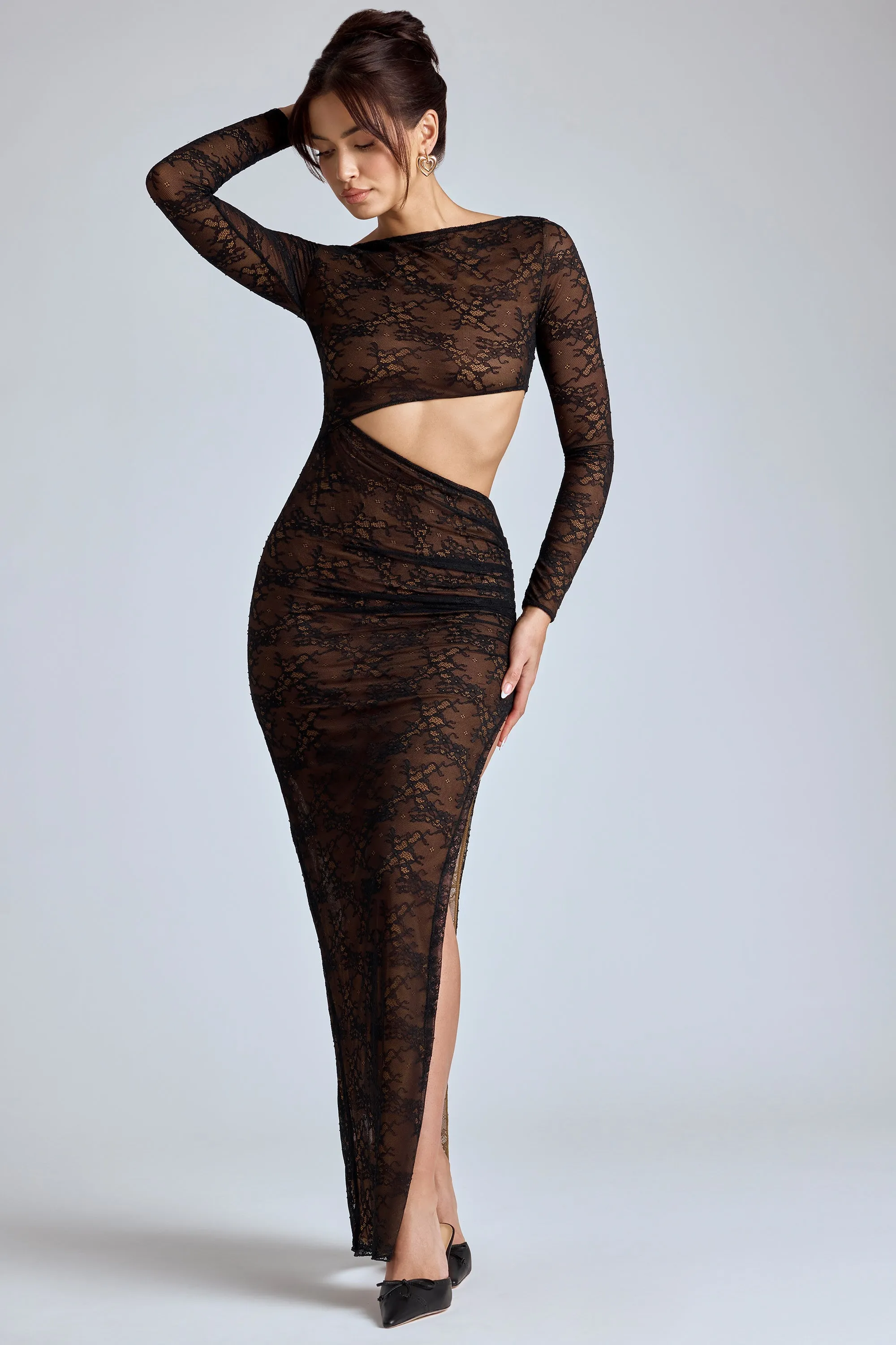 Lace Long Sleeve Maxi Dress in Black Relaxed fit formal wear Tulle Flow