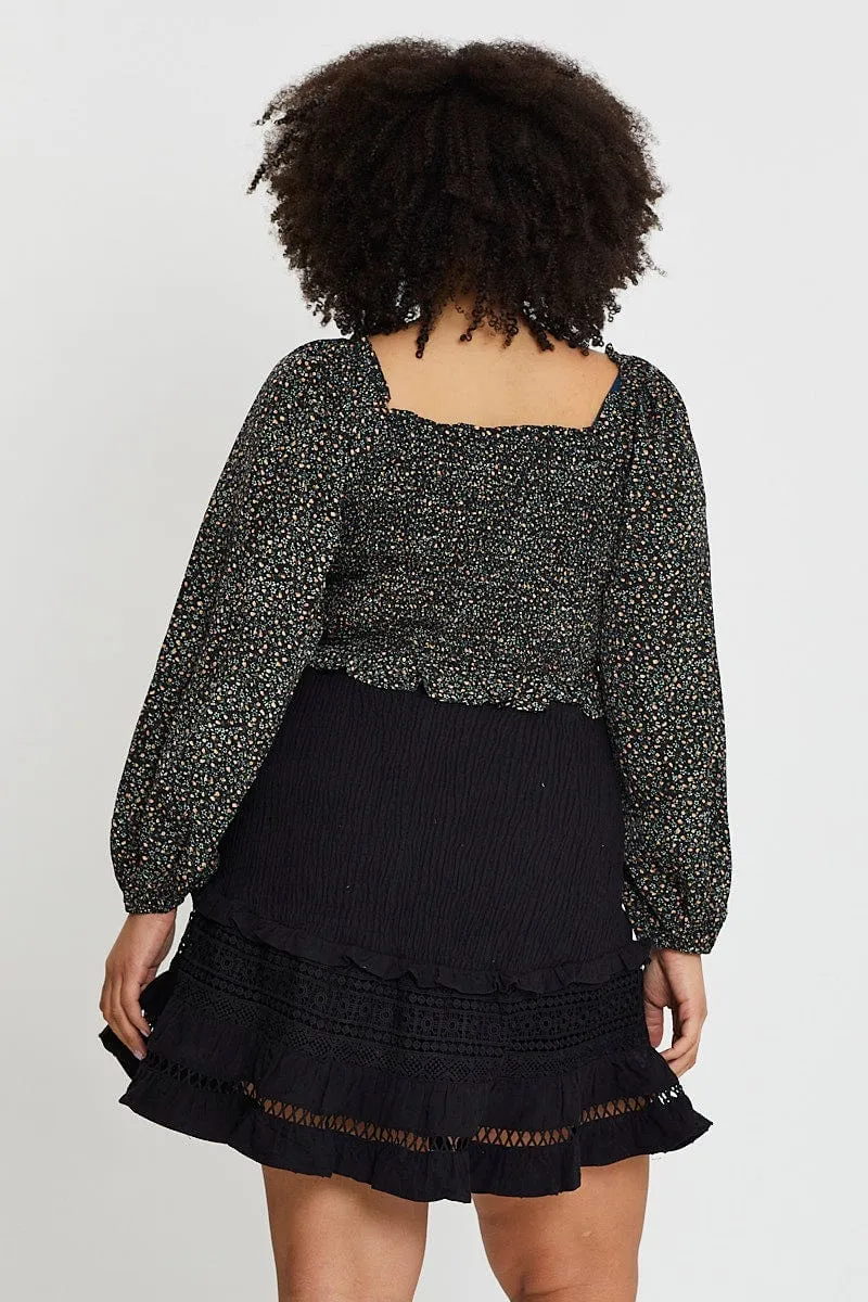 Black Cotton Blend Frill Hem Skater Skirt Breezy Mood