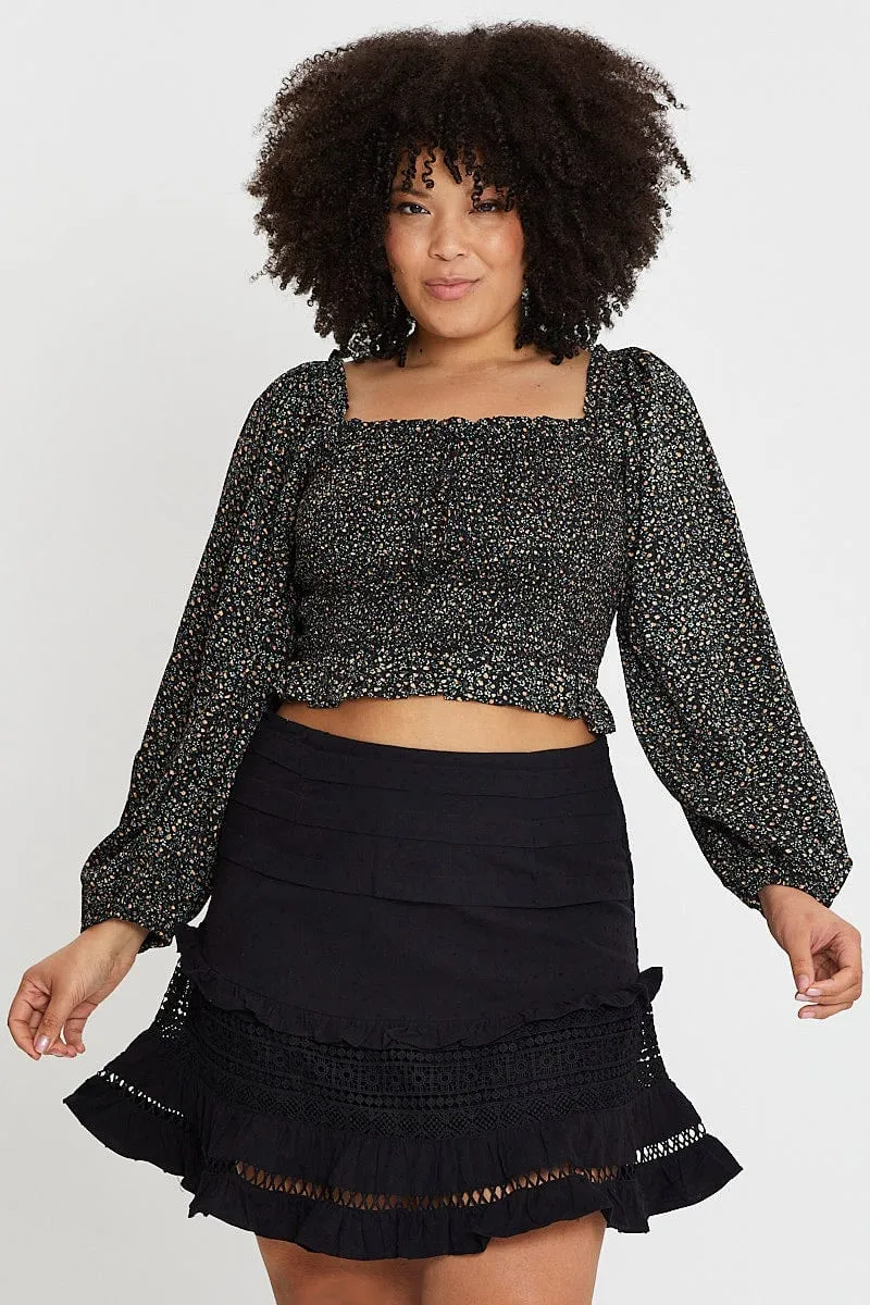 Black Cotton Blend Frill Hem Skater Skirt Pocket Design