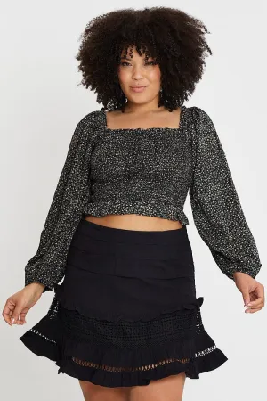 Black Cotton Blend Frill Hem Skater Skirt Pocket Design