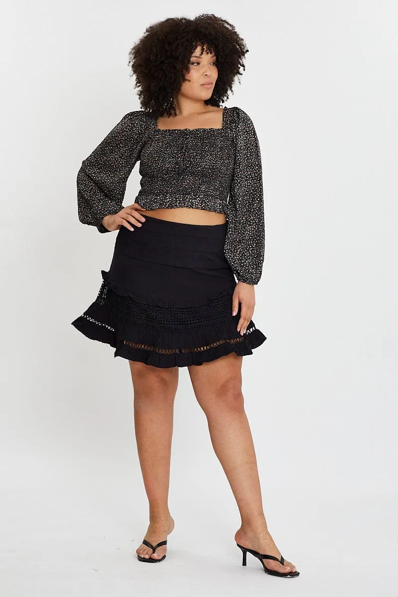 Black Cotton Blend Frill Hem Skater Skirt Soft Lining