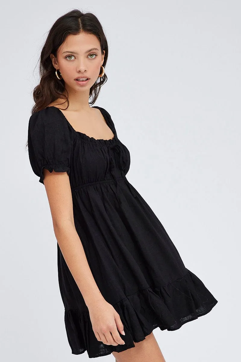 Bold Core Colorfast Technology Black Fit And Flare Dress Puff Sleeve Mini