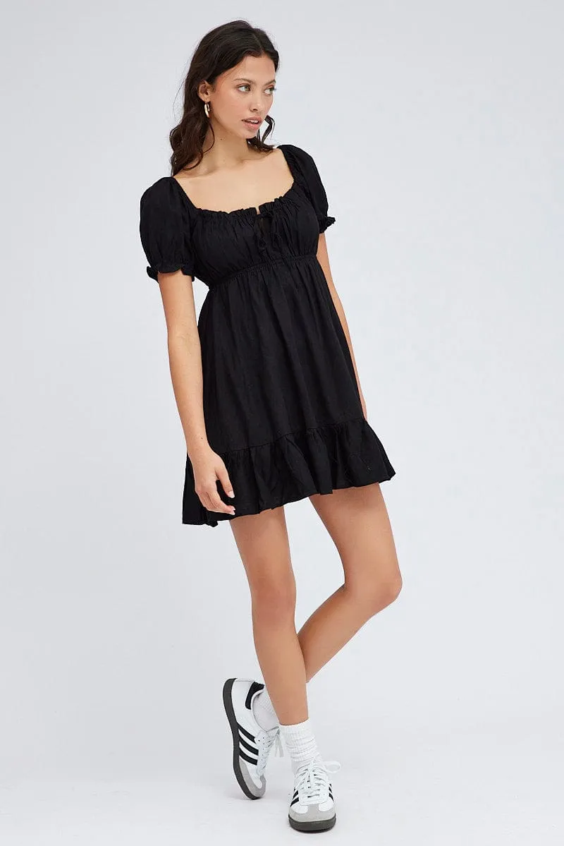 Relaxed Look Black Fit And Flare Dress Puff Sleeve Mini
