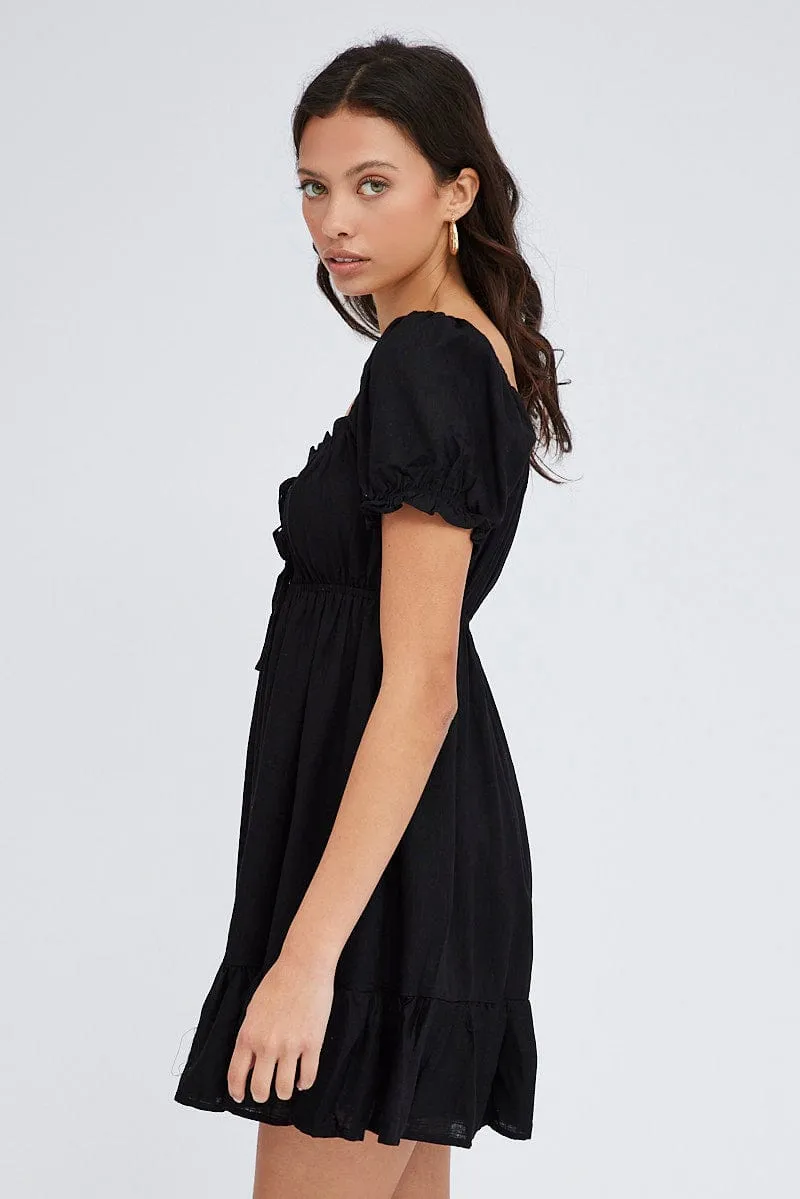 Breath Skin Professional Style Black Fit And Flare Dress Puff Sleeve Mini