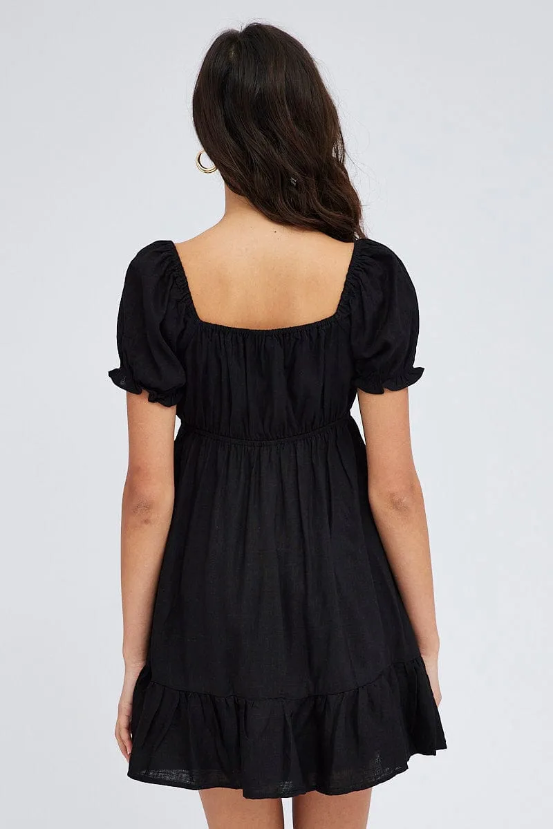 Graceful Design yoga mode Black Fit And Flare Dress Puff Sleeve Mini