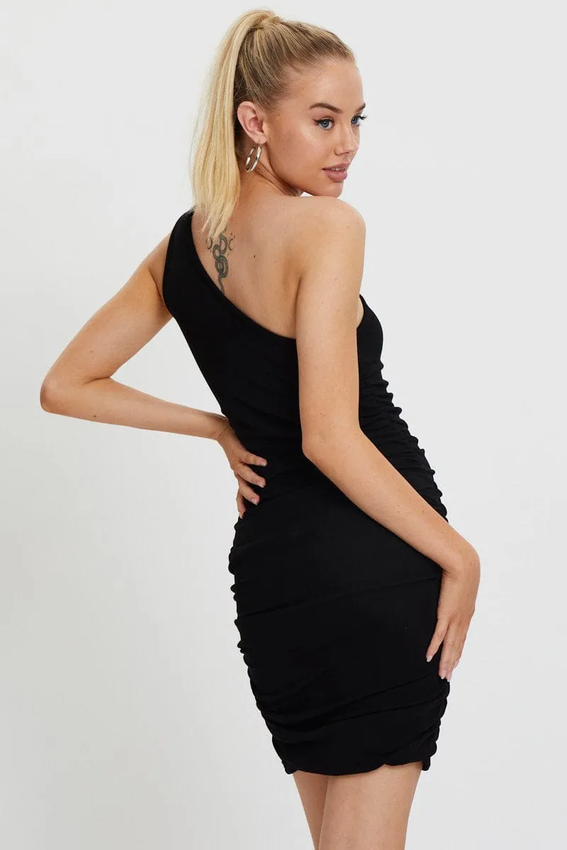 Airflow Vents Aura Core Black One Shoulder Ruched Bodycon Dress