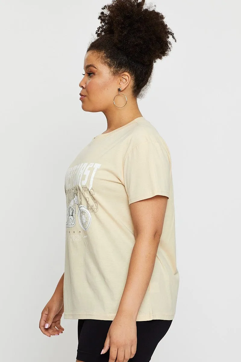 Beige Graphic T-shirt West Coast Short Sleeve Cotton Chic Vibe Simple and Comfortable