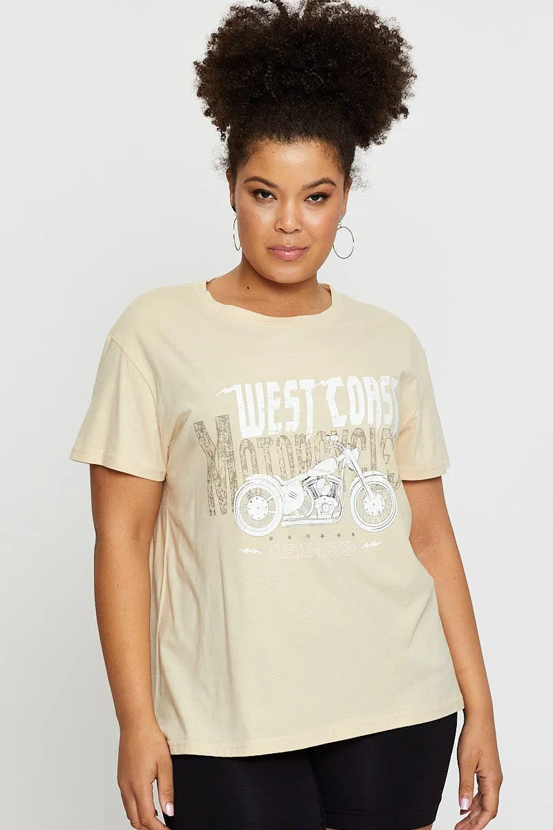 Classic Chic Beige Graphic T-shirt West Coast Short Sleeve Cotton