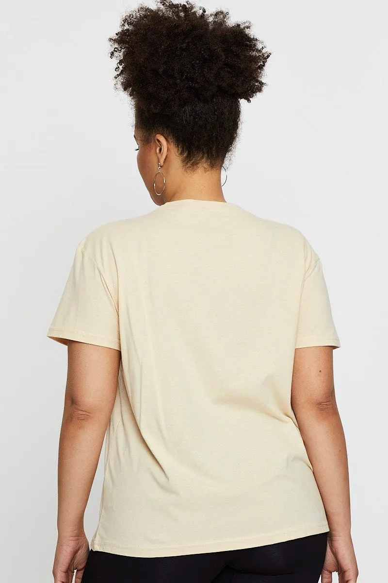 Beige Graphic T-shirt West Coast Short Sleeve Cotton Flexible Collar Perfect Layer Wear