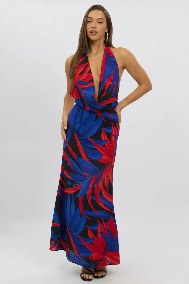 Bronze Tone Black Floral Cowl Neck Maxi Dress